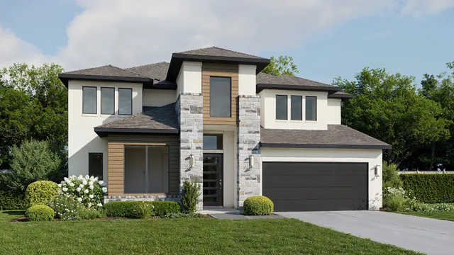 a front view of a house with a garden and plants