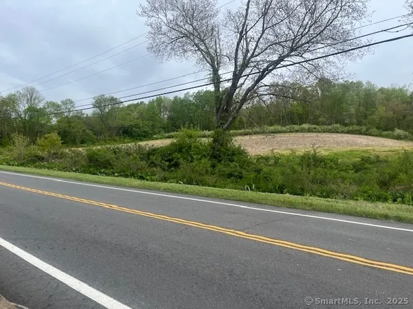 a view of a field with trees in the background
