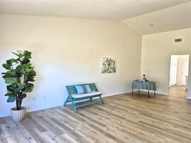 a living room with furniture and a potted plant