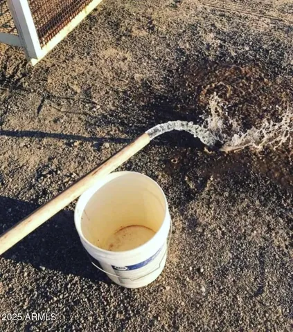 a view of a dry yard with wooden fence