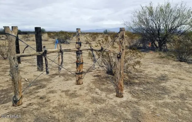 a view of a yard with wooden fence