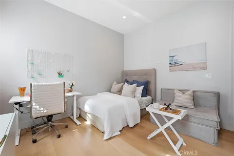 a bedroom with a workspace