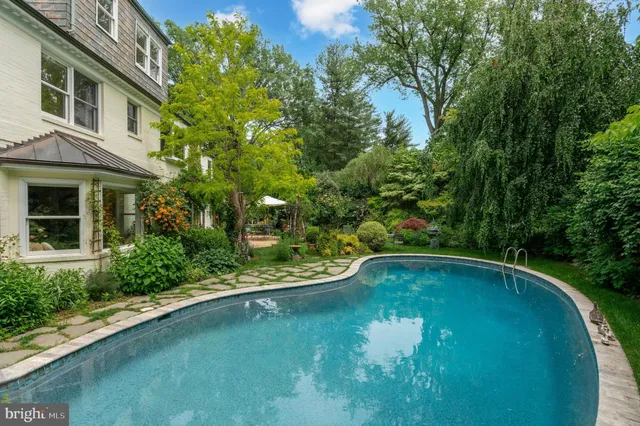 a view of a swimming pool with a garden