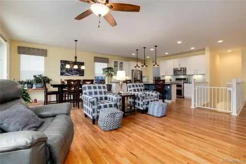 a living room with lots of furniture and kitchen view