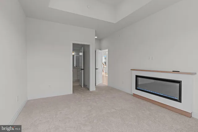 a view of an empty room with a fireplace and cabinet
