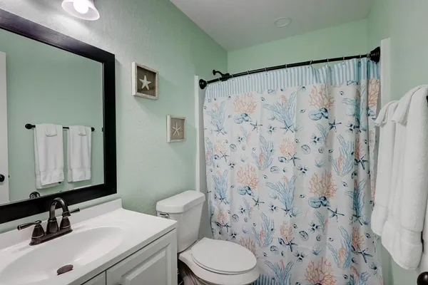 a bathroom with a sink a toilet and shower curtain