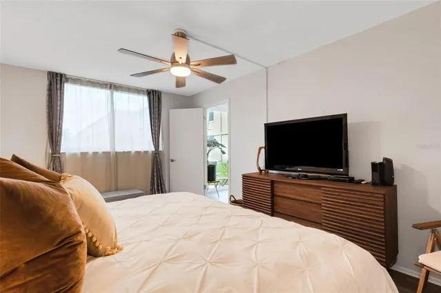 a bedroom with a bed and a flat screen tv