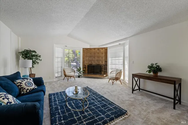 a living room with furniture a rug and a fireplace