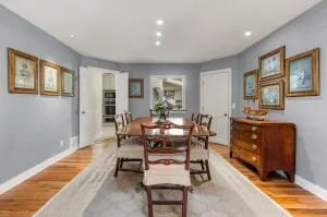 a view of a dining room with furniture
