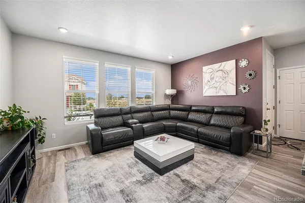 a living room with furniture potted plant and a window