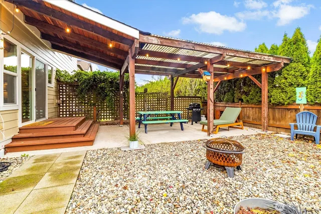 a backyard of a house with table and chairs