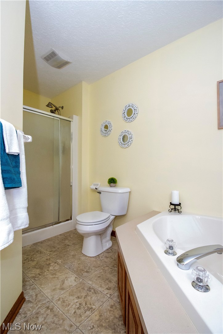 8084 Millbrook Road Shreve, OH 44676 - Photo 18 of 35 Bathroom featuring tile flooring, separate shower and tub, a textured ceiling, and toilet