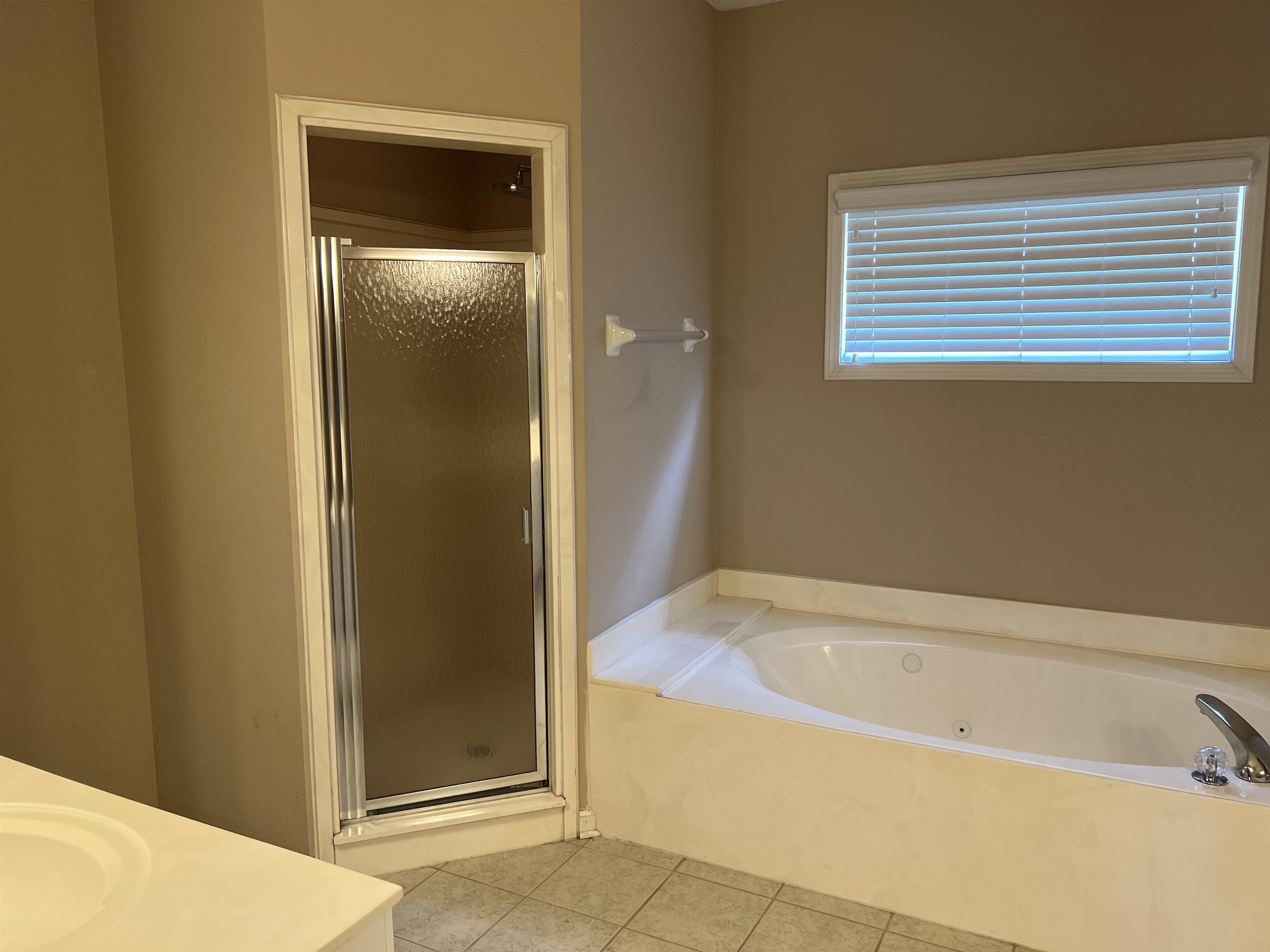455 Hunters Mill Cove Collierville, TN 38017 - Photo 9 of 10 Full bathroom featuring a stall shower, vanity, light tile patterned flooring, and a bath
