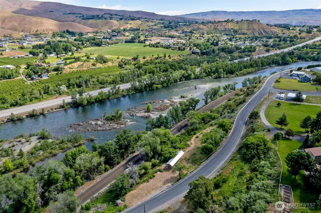 an aerial view of green landscape with trees houses and lake view