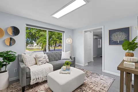 a living room with furniture and a potted plant