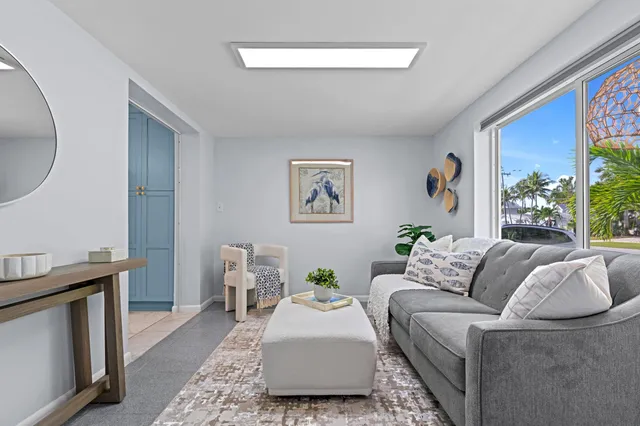 a living room with furniture and a potted plant