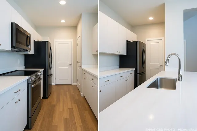 a kitchen with white cabinets and stainless steel appliances