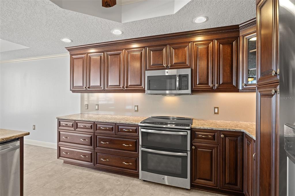 371 Channelside Walk Way, Unit 902 Tampa, FL 33602 - Photo 31 of 50 a kitchen with stainless steel appliances granite countertop a stove and a microwave