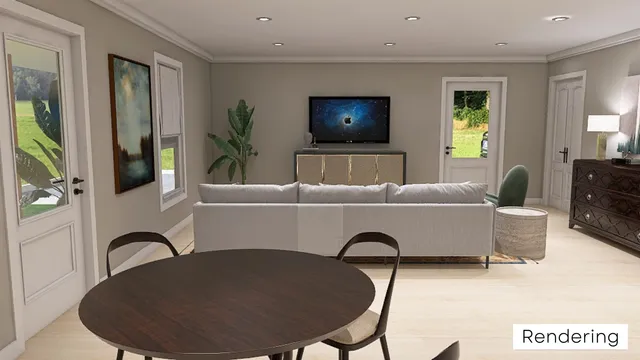 a living room with furniture and a potted plant