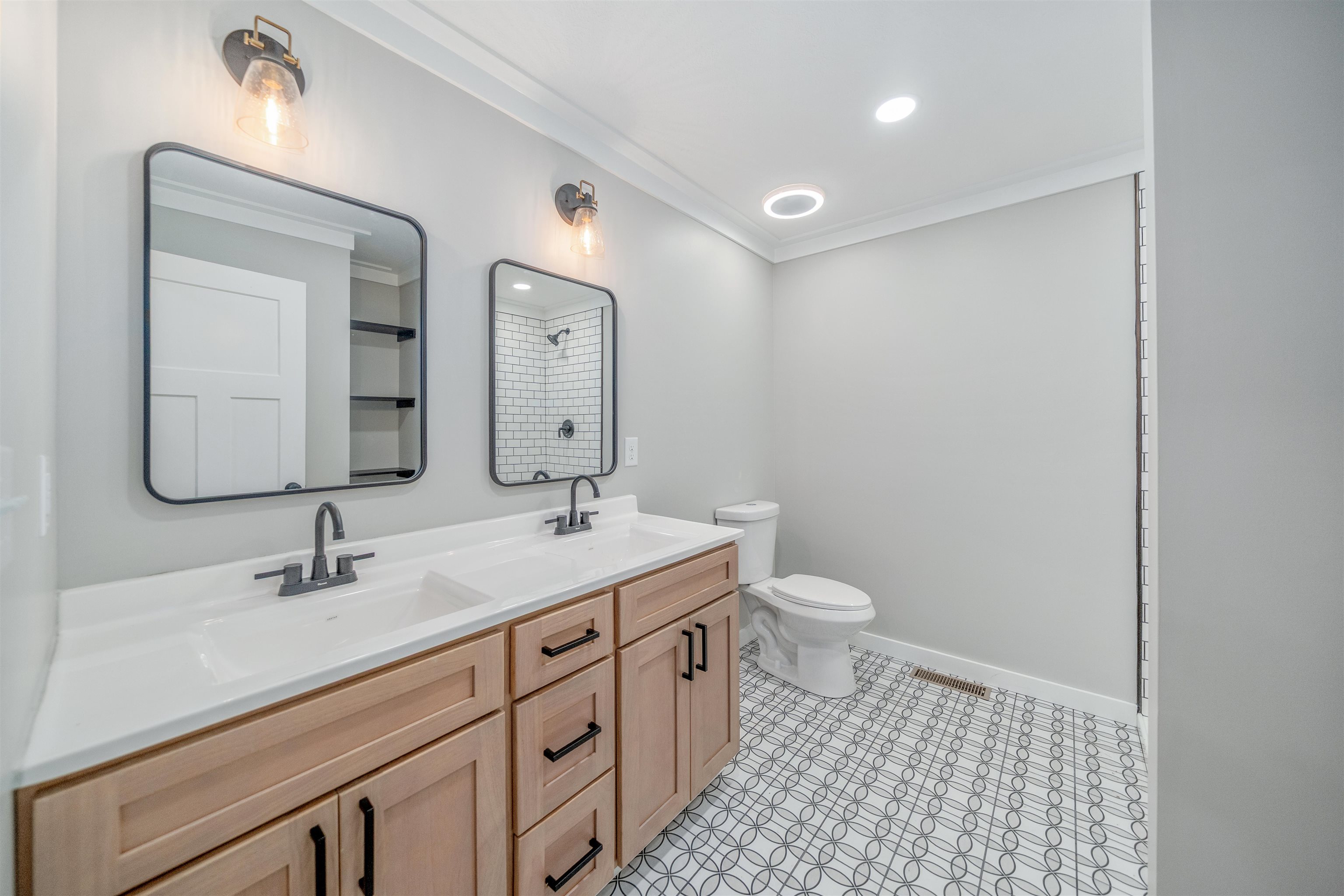 135 West 3rd Street Henderson, TN 38340 - Photo 4 of 31 Full bath with double vanity, a shower, ornamental molding, and recessed lighting