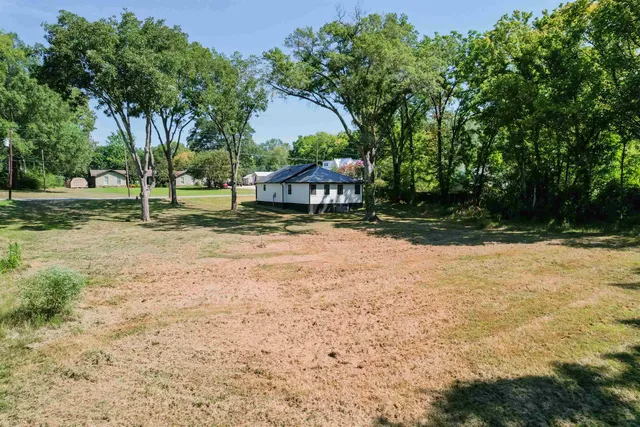 a view of a yard with plants and trees