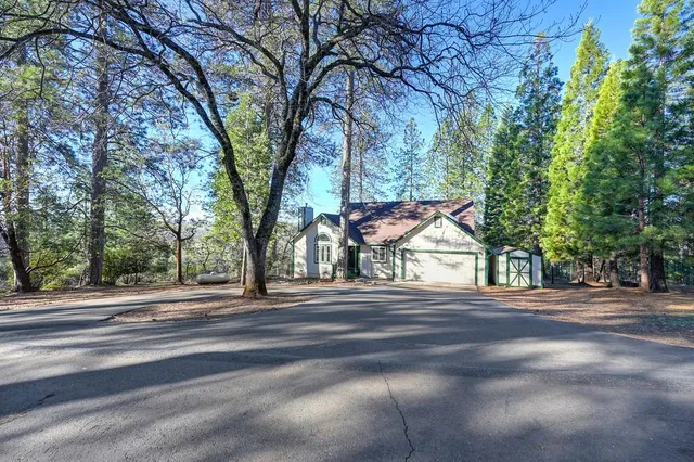 a front view of a house with a yard and large trees