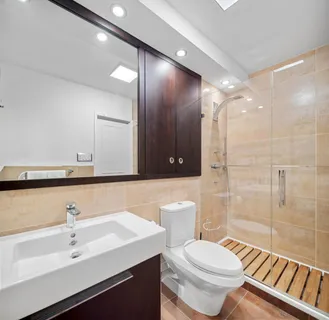 a bathroom with a sink a toilet a mirror and shower