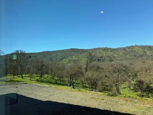 a view of a yard with a mountain