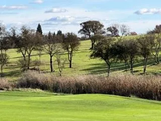 a view of a golf course with a lake