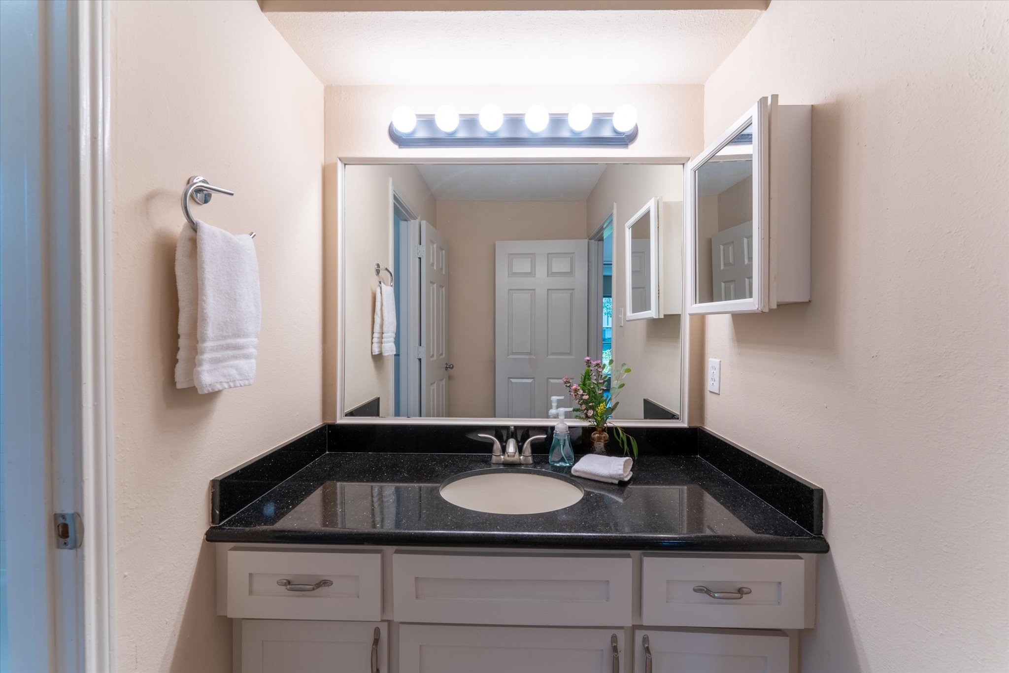 25019 Barmby Drive Spring, TX 77389 - Photo 34 of 43 a bathroom with a granite countertop sink and a mirror