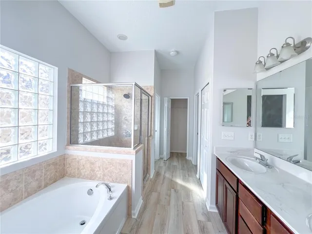 a bathroom with a tub sink and mirror
