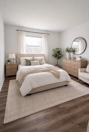 a bedroom with a large bed and a large mirror