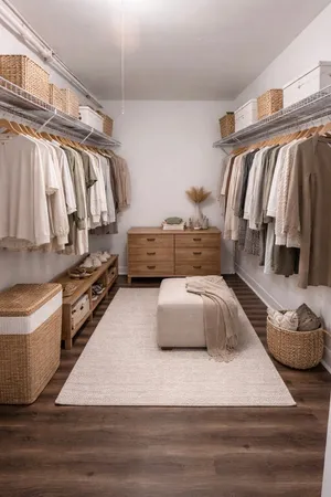a bedroom with a bed and a walk in closet