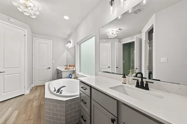 a bathroom with a sink double vanity and a mirror