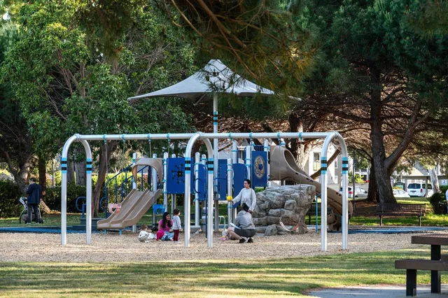 a garden view with a seating space