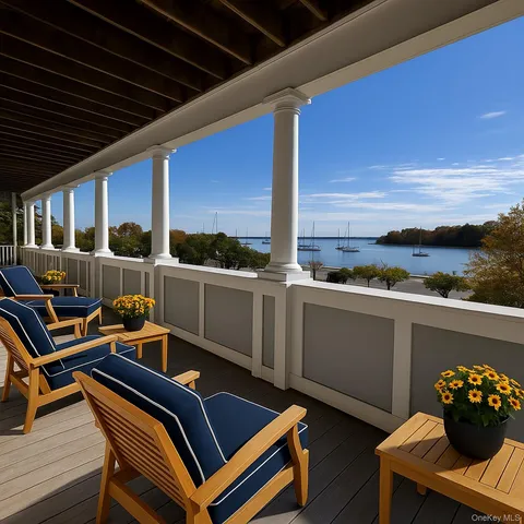 a roof deck with a table and chairs and potted plants