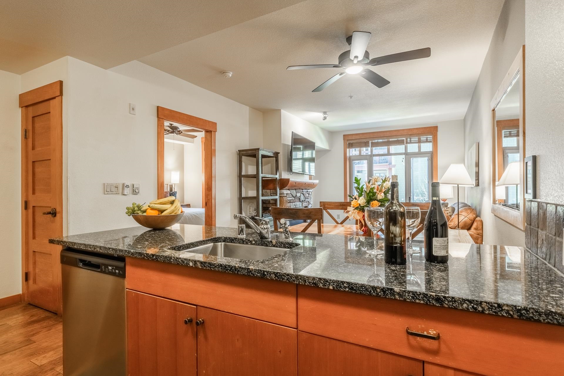 6201 Minaret Road, Unit 2220 Mammoth Lakes, CA 93546 - Photo 9 of 14 a kitchen with counter space cabinets and stainless steel appliances