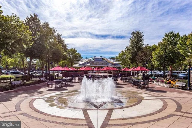 an outdoor space with seating