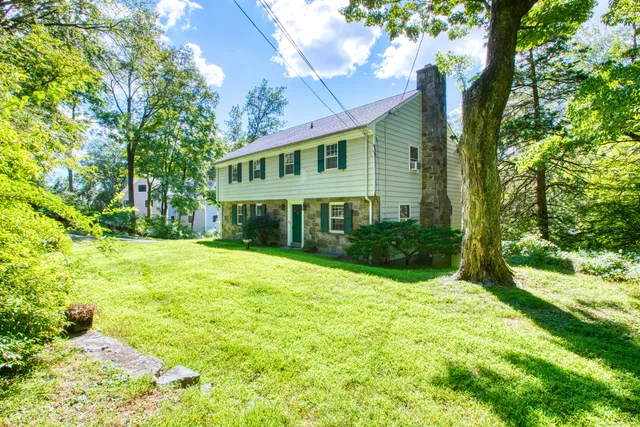 a front view of a house with yard and green space
