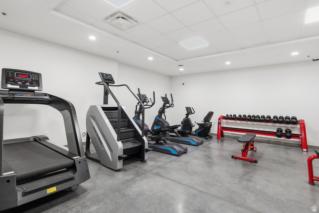 2085 North Main Street, Unit 409 Sunset, UT 84015 - Photo 14 of 17 Exercise room featuring a drop ceiling and recessed lighting