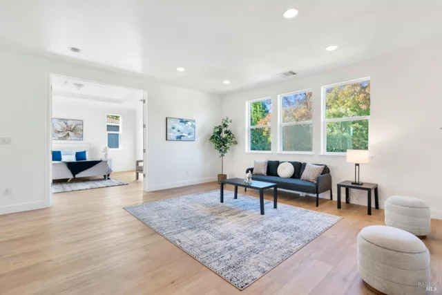 a view of a livingroom with furniture and a potted plant