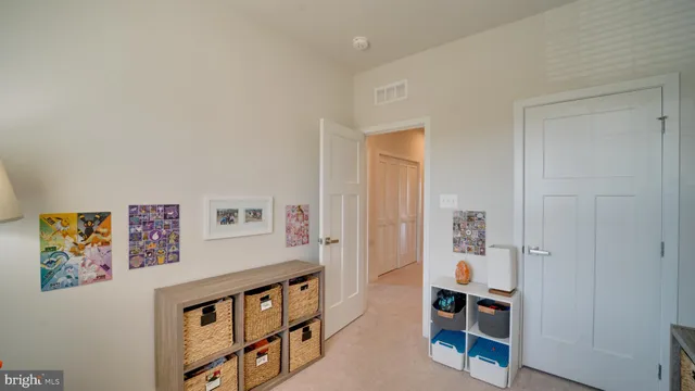 an empty room with shelves