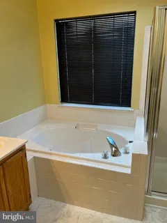 a bathroom with a bathtub and shower