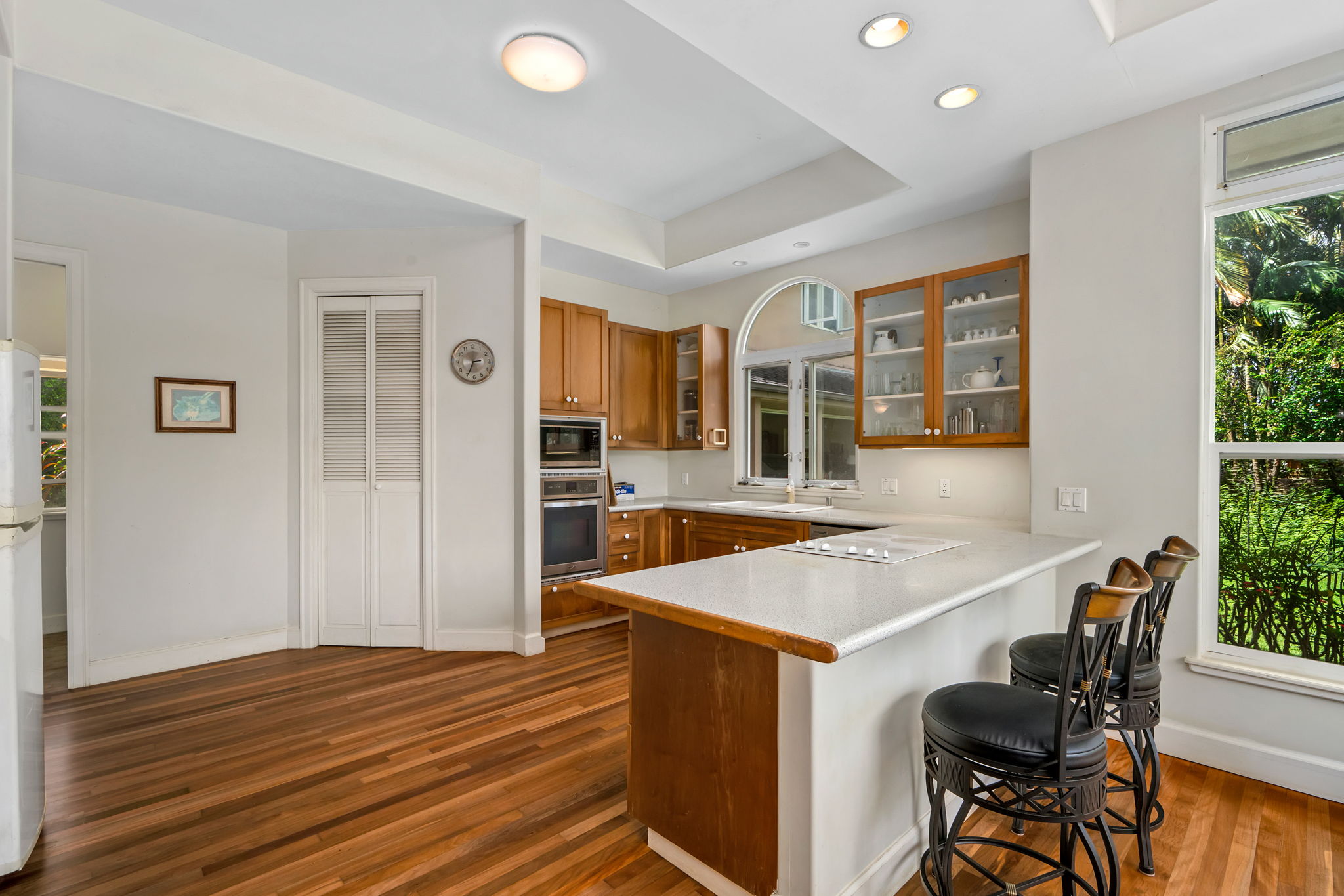 597 Puuopae Road Kapaa, HI 96746 - Photo 10 of 30 a living room with stainless steel appliances kitchen island granite countertop furniture and wooden floor