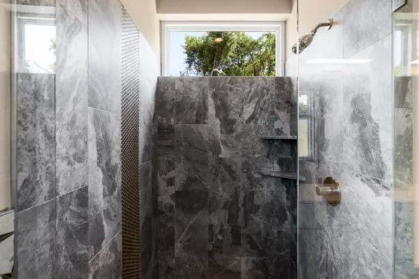 a bathroom with a shower curtain