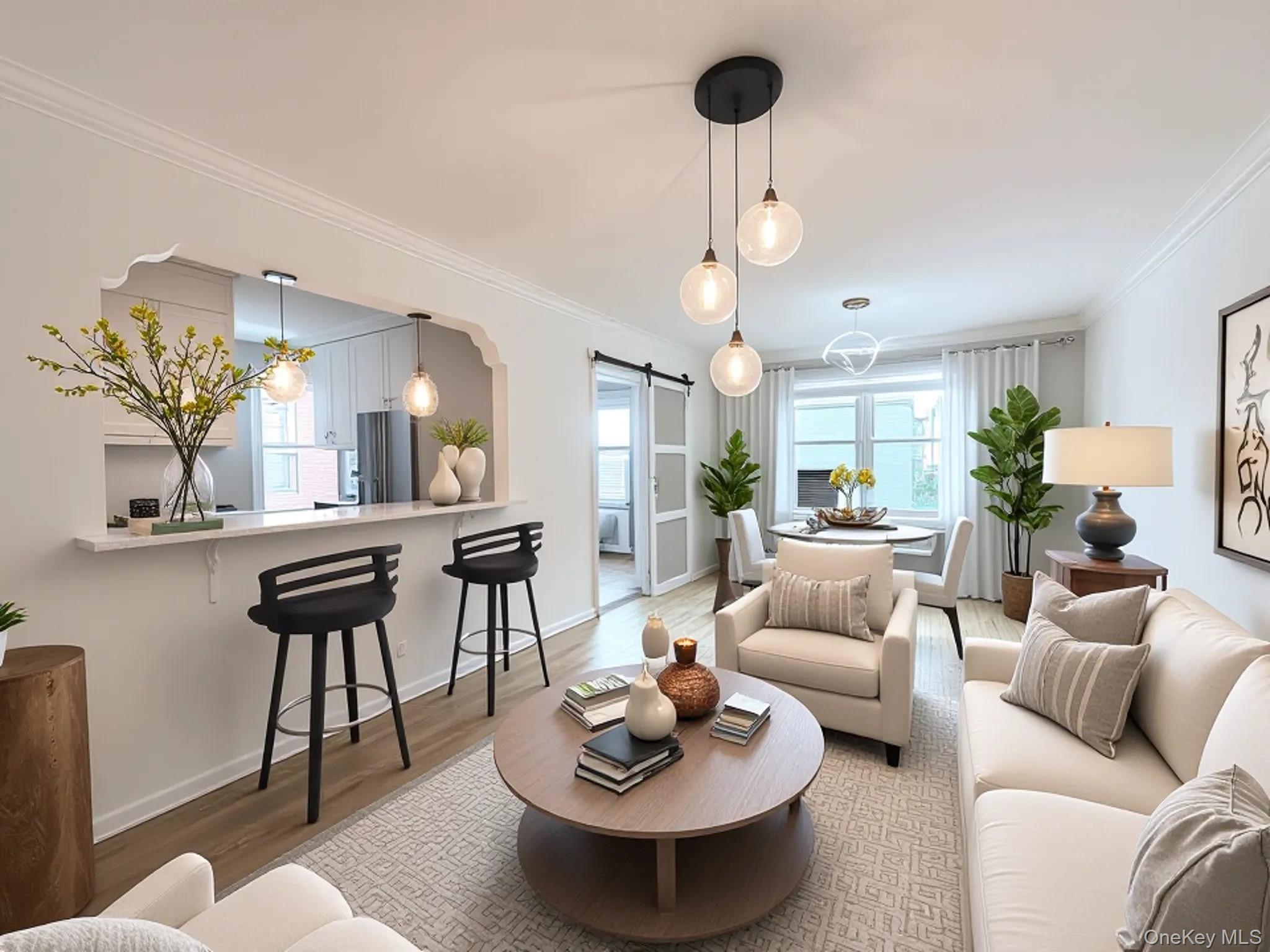 800 Grand Concourse, Unit 2JS Bronx, NY 10451 - Photo 1 of 18 a living room with furniture a dining table and a chandelier