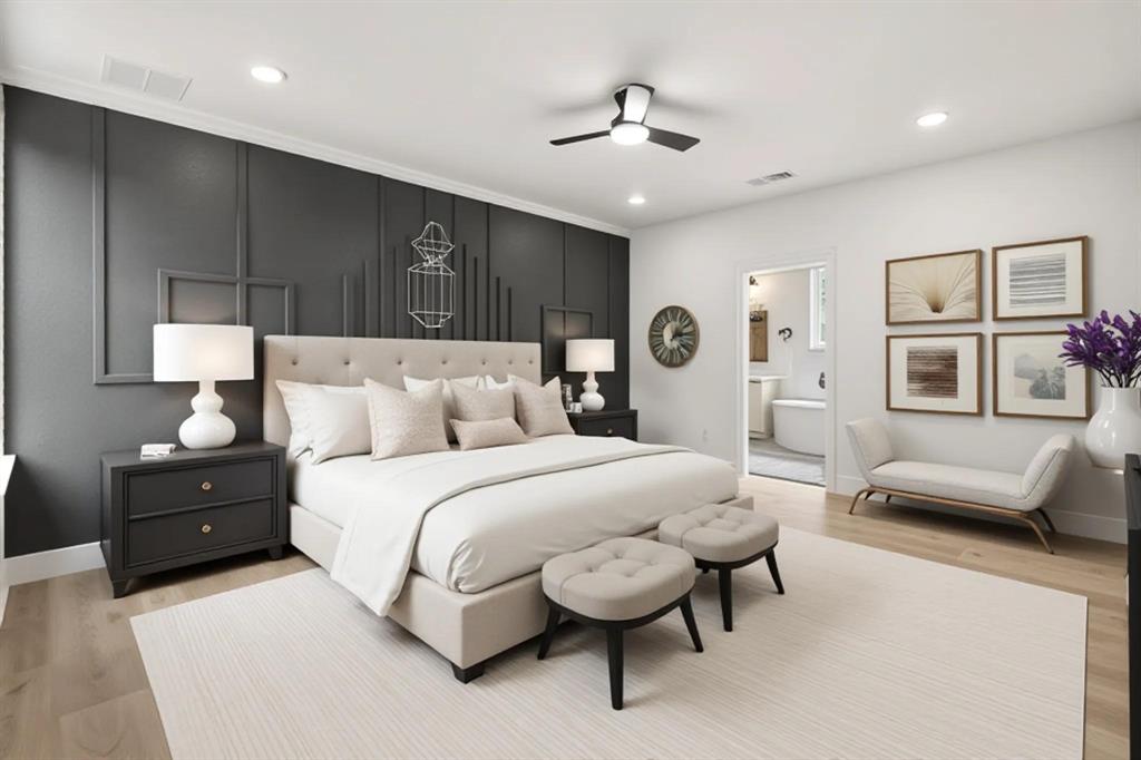 415 North Patton Avenue Dallas, TX 75203 - Photo 3 of 20 This bedroom features a stylish accent wall, recessed lighting, and a ceiling fan