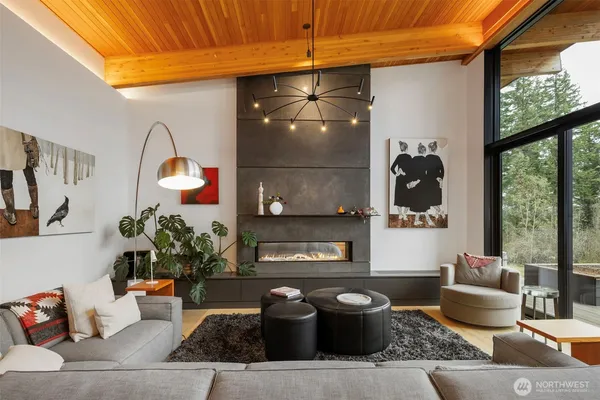 a living room with furniture and a potted plant
