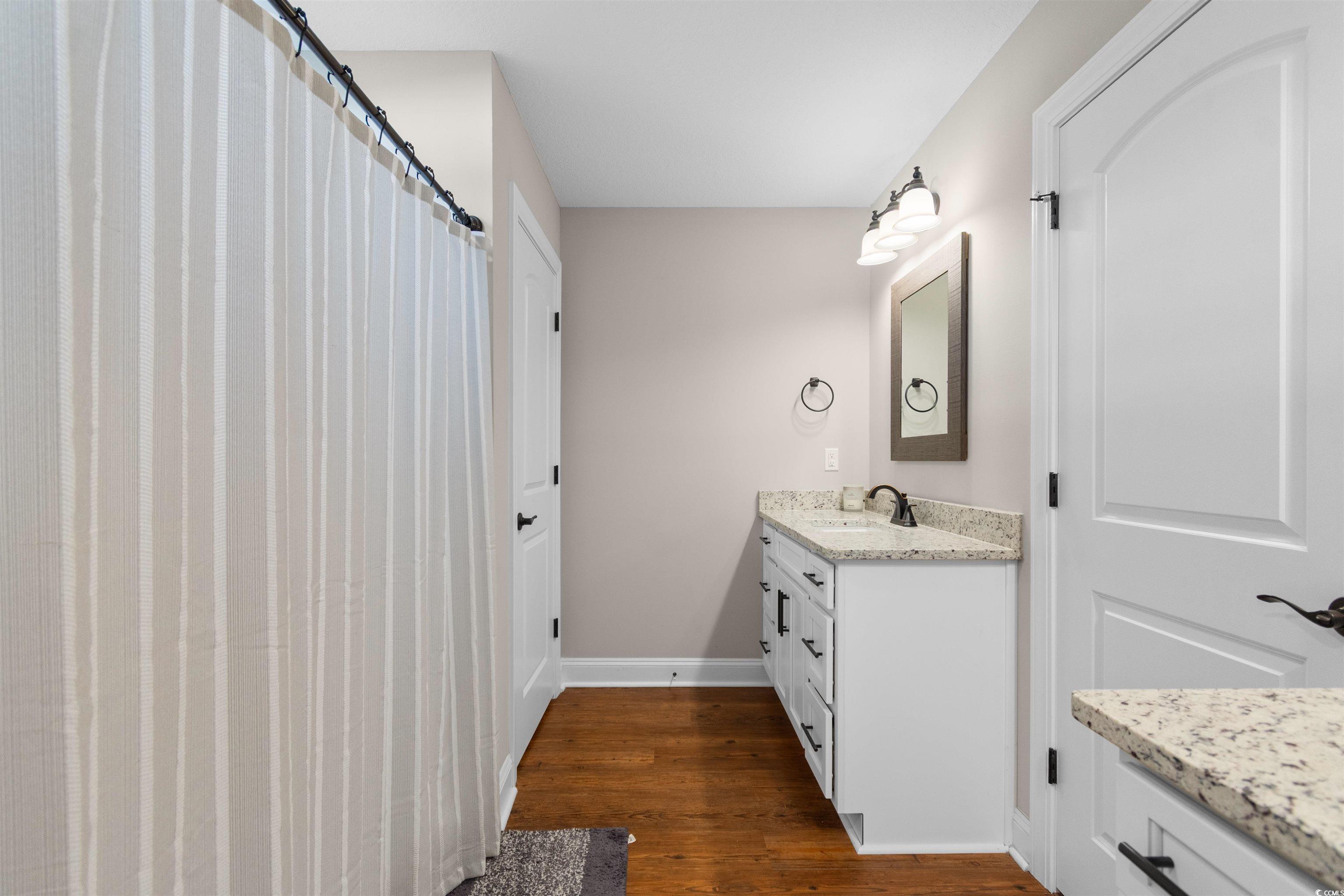 3753 Edwards Road Aynor, SC 29544 - Photo 20 of 38 Full bath with vanity, dark wood finished floors, and a shower with curtain