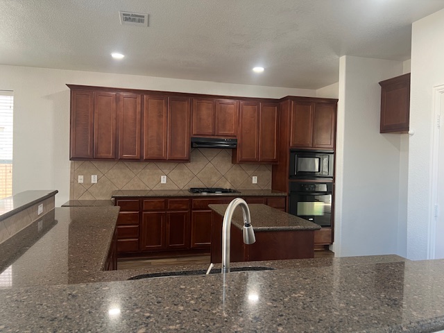 1374 Red Stag Place Round Rock, TX 78665 - Photo 11 of 34 Kitchen with dark stone counters, black appliances, decorative backsplash, and recessed lighting